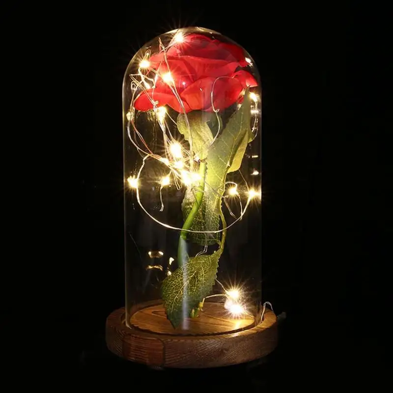 Красавица и чудовище на батарейках светодиодный светильник-гирлянда в виде бутылки розы, настольная лампа, стеклянный купол, деревянная основа, ночная лампа, вечерние, домашний декор