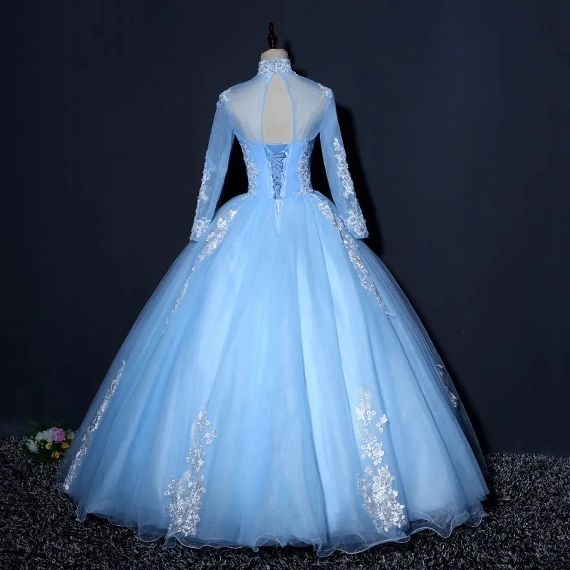 Vestido de Novia, мусульманское свадебное платье с длинным рукавом, бальное платье, свадебное платье с высоким воротом, голубые кружевные свадебные платья с аппликацией