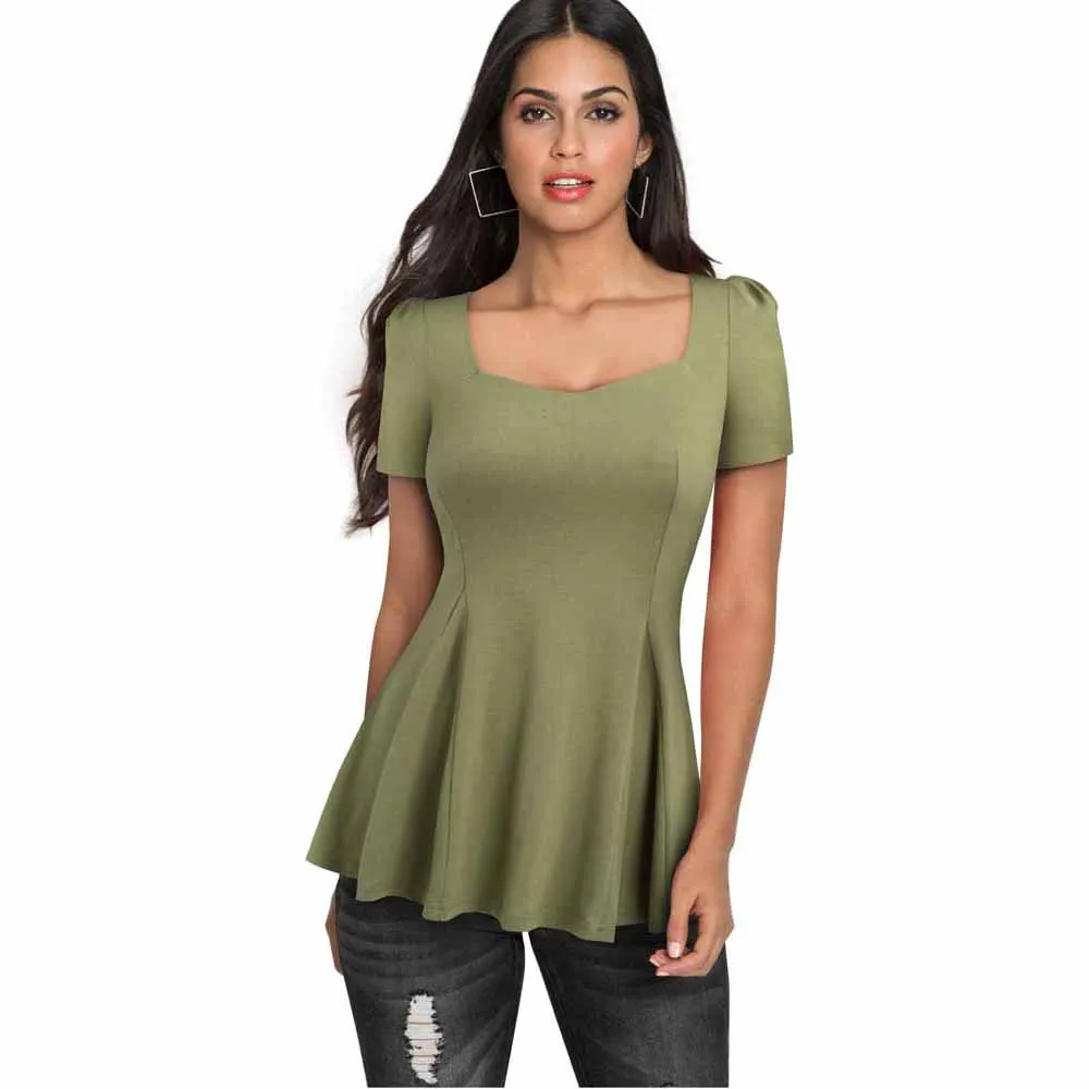 

New Fashion Women Elegant Short Sleeve Square Collar Ruffles Tops Causal Solid color Knitted Top EB505