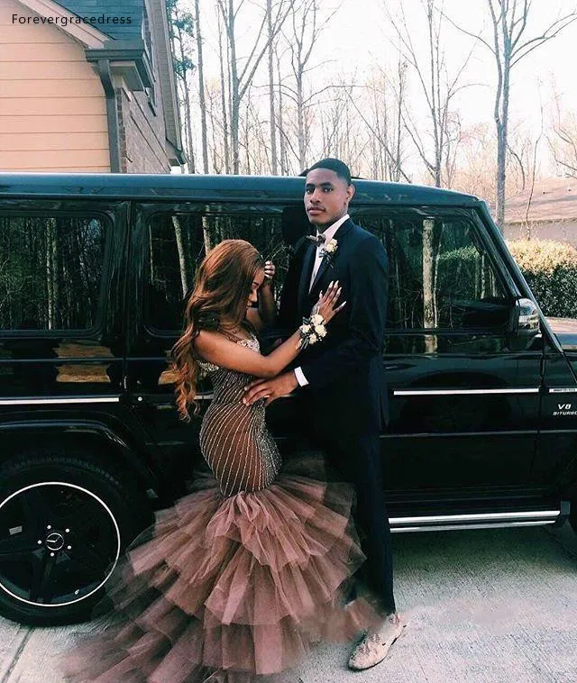Gorgeous Afrian Couple Fashion Mermaid Prom Dresses Layer Ruffles Beadings Appliqued Sweetheart Long Black Girl Party Evening Gowns BC1699  199 (1)