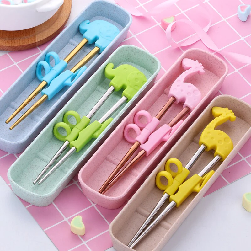 

1Pair Training Chopsticks Stainless Steel with Plastics Handle For Child Learning Helper Chopstick Beginner Practise Super Cute