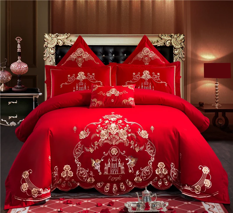

Luxury 100% Cotton Love in the castle Wedding Bedding Set Embroidery Duvet Cover Bed Sheet Pillowcases Queen King Size 4/6/7pcs