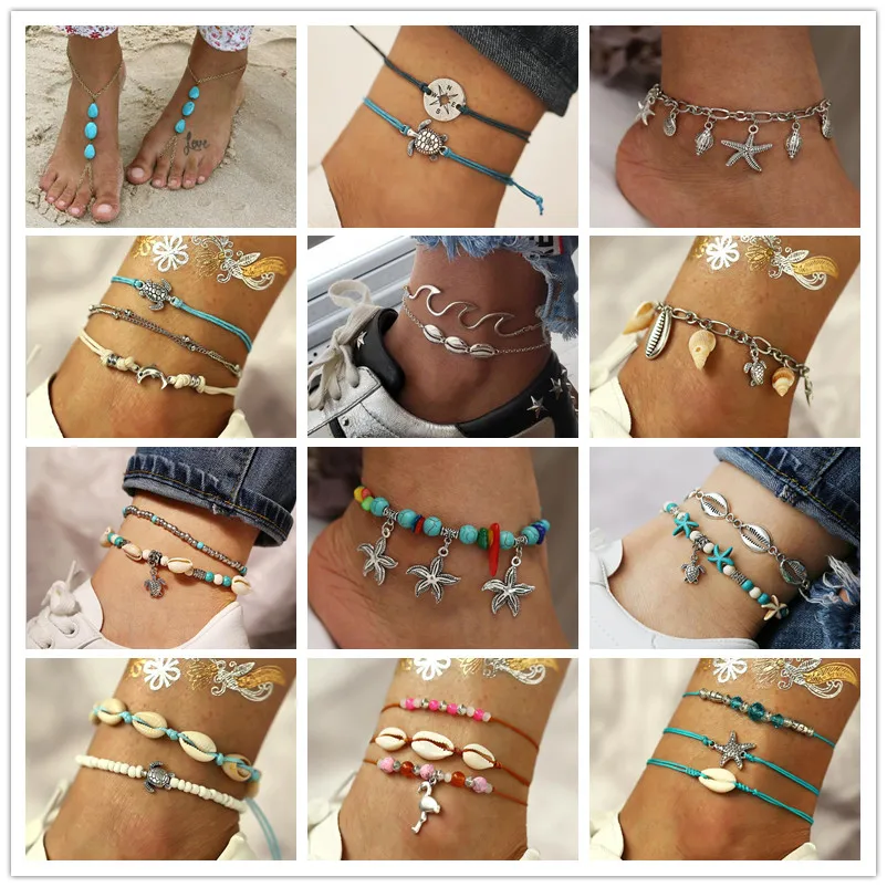 

BYSPT Vintage Gold Silver Color Multilayer Shell Anklet Women Beads Bohemian Seed Bead Ankle Bracelet Boho Foot Jewelry