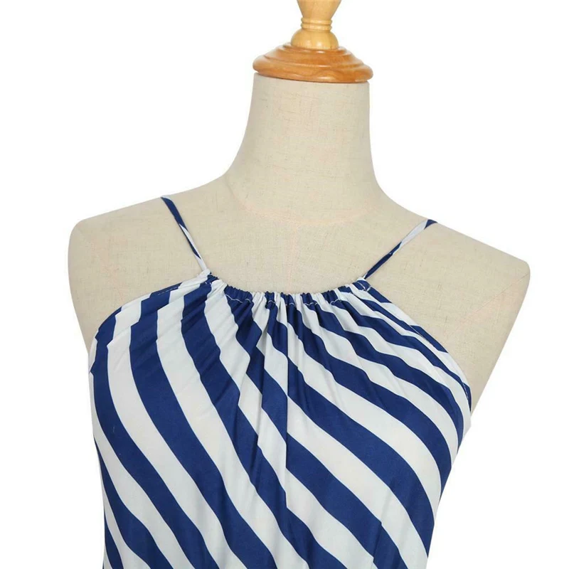 Новые стильные модные элегантные женские сексуальные шлейки с открытыми плечами голубое белое Полосатое платье в деловом стиле для вечеринки длинное платье, сексуальная клубная одежда