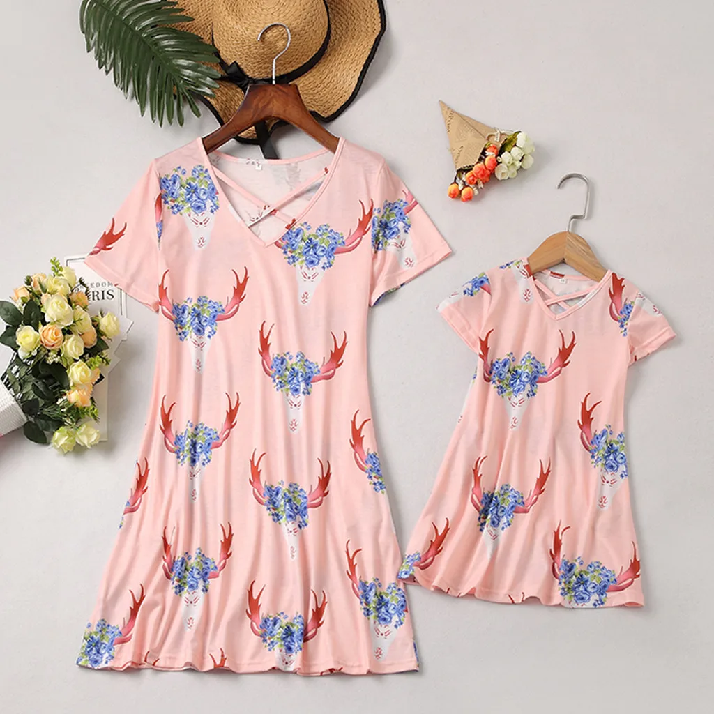 

mom of girls Short Sleeve O-Neck Floral Printing Skirt family matching outfits mommy and me Clothes summer dress little sister