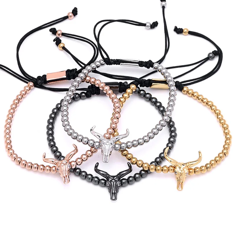 Mcllroy Men Fashion Zircon Bracelets Black Silver Cattle Head & 4mm Titanium beads Rope Braiding Macrame Bracelets Bangle
