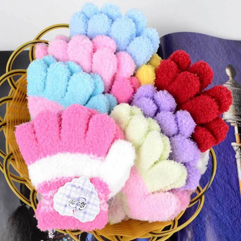 

Fashion New Children's Winter Warm Plush Knitted Gloves Candy Color Soft Full Finger Winter Accessories Mittens