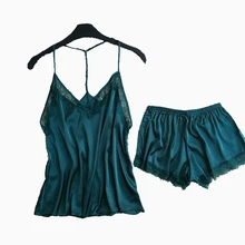 Летние Пижамные комплекты женский пижамный комплект женский Глубокий v-образный вырез сексуальный спагетти ремень кружевные шорты пижамы шелковая домашняя одежда