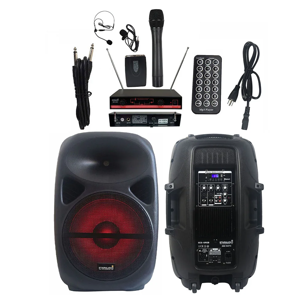 

STARAUDIO 2500W 15 Inch PA Powered Stage Audio Active DJ Bluetooth Speaker 2 Channel VHF Wireless Handheld Headset Mic SCS-15RGB