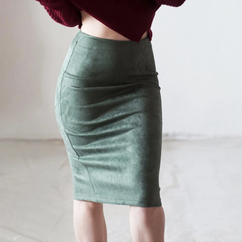 Sexy Multi Color Suede Midi Pencil Skirt Women 2018 Fashion Elastic High Waist Office Lady Bodycon Skirts Saias