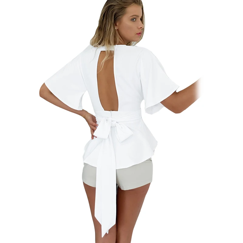 Women white top cut out back blusa peplum chiffon shirt tie up waist
