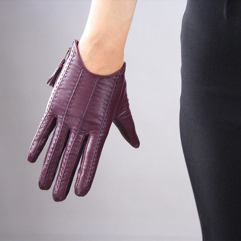

Genuine Leather Sheepskin Gloves Pure Suede Tassel Zipper Short Design European Version of The Women Gloves Touch Screen HN714-1