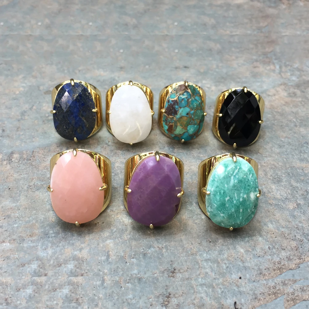 

Natural Gems Wedding Rings Egg Shape Amazonite Pink Opal Agates Jewelry Faceted Gold Rings Turquoises Women Band Rings ZG0321