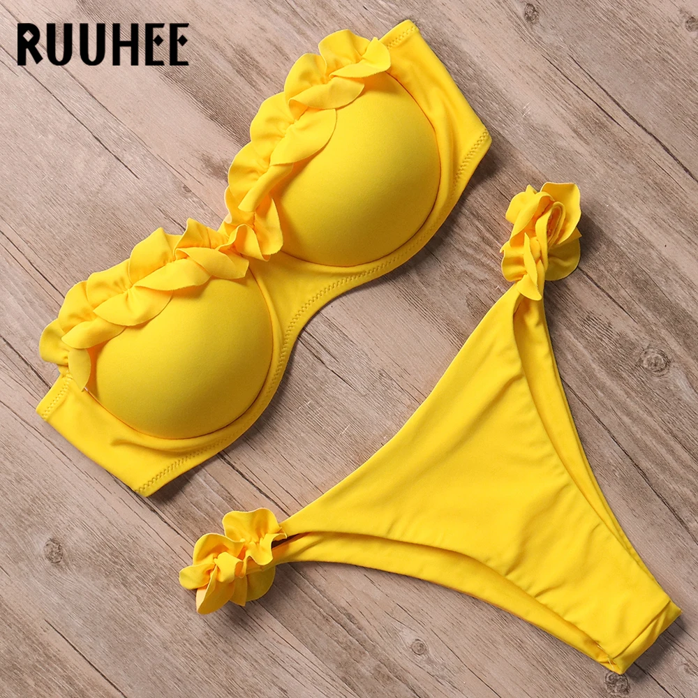 RUUHEE Bandeau Bikini Swimwear Women Swimsuit Sexy Ruffle Bikini Set Push Up Bathing Suit Female Brazilian Leopard Swimsuit 2021 two piece bikini set