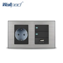 2018 Wallpad EU German Socket & 2 Gang 2 Way Switch & USB Charger 5V 1000mA Wall Power Charger Satin Metal Panel