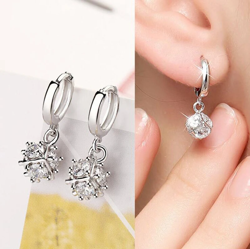 

Fashion 925 Silver Round Ball Pendant Zircon Small Hoop Earring For Baby Girls Women Beautiful Loop Huggie Earring Jewelry E577
