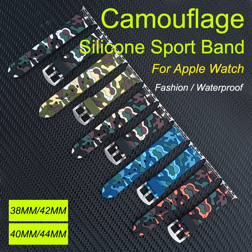 

UEBN 44mm Camouflage silicone Band for For apple watch 42mm 38mm Replaceable Bracelet Strap for For apple watch 40mm band