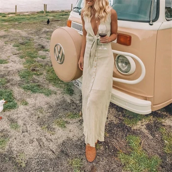 

Casual V-Neck Bow Tie Front Dress Plain V Neck High Waist Button Sleeveless Dress Split Long Maxi Dress Beach Sundress 2019