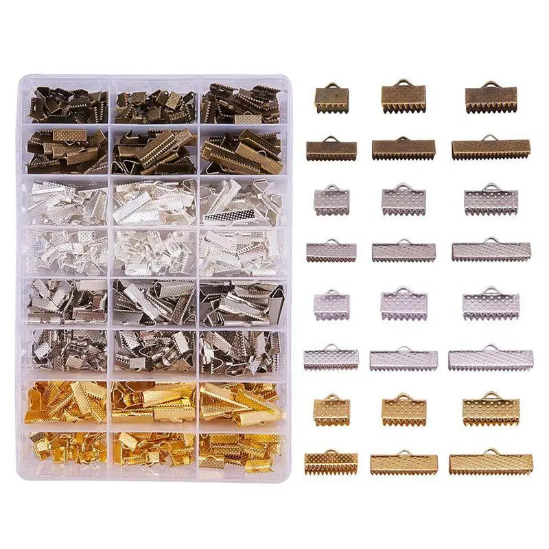 

680 PCS 6 Size 4 Color Ribbon Ends Bracelet Bookmark Pinch Crimp Clamp End Findings Cord Ends Fasteners Clasp Crimp Ends Jewel