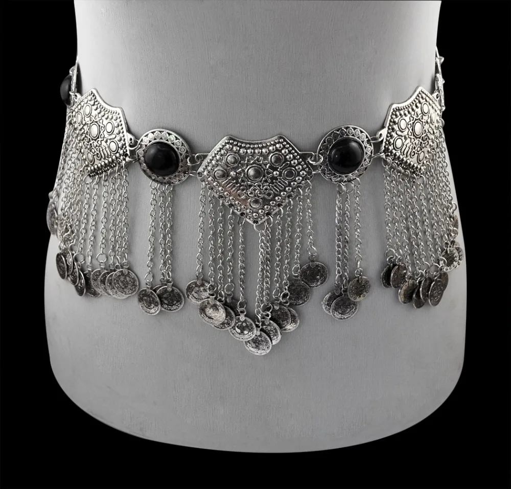 Turecké cikánské stříbrné břicho řetězce Boho etnické šperky Sexy bikiny pas Dance mince šaty Belt Piercing Piercing Tribal šperky