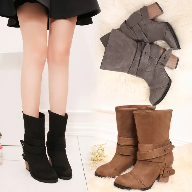

2018 new Martin boots female large size women's boots belt buckle thick with round head foreign trade 43 ladies boots
