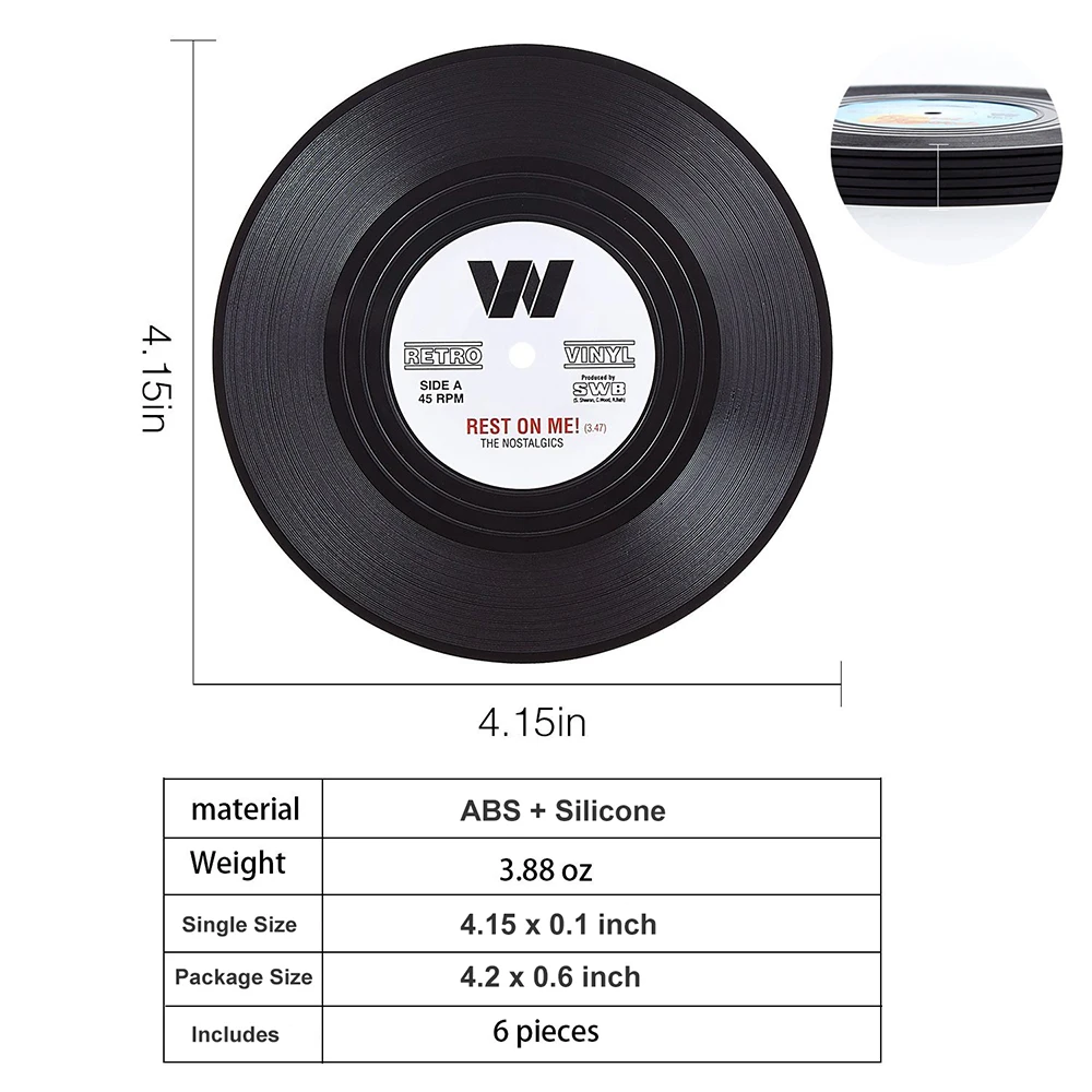 Retro Record Disc Design Drink Vinyl Coasters Non-slip Cup Bottle Mats 6PCS