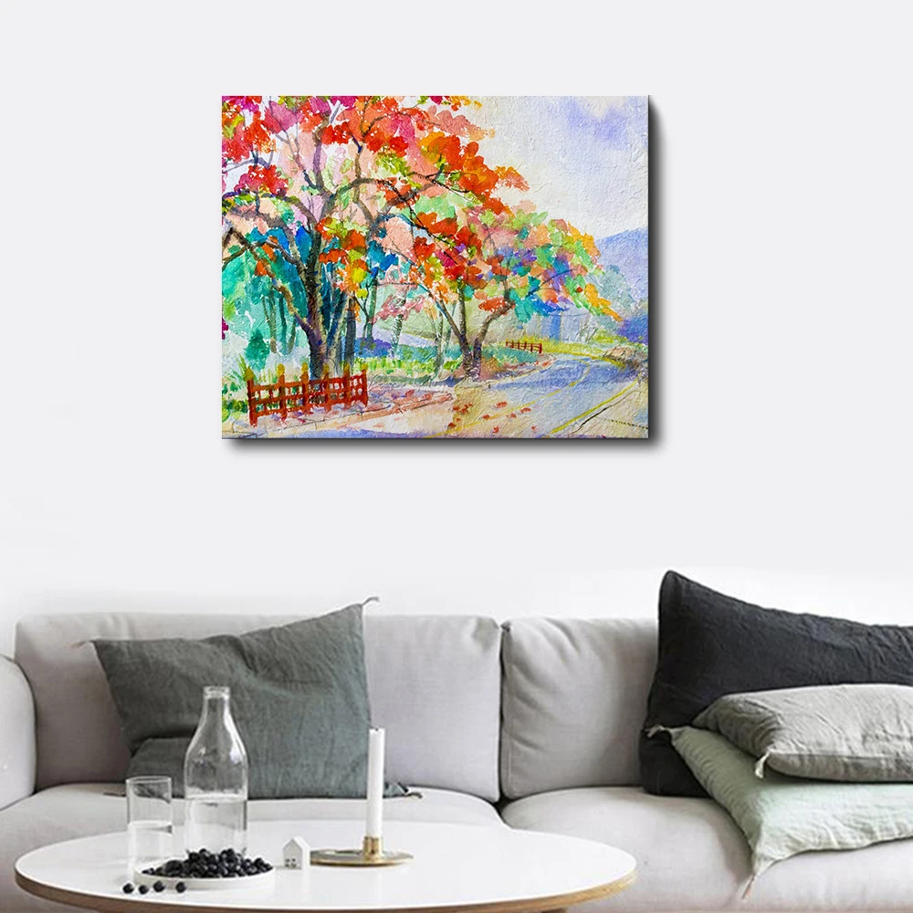 

Laeacco Watercolor Tree Nordic Painting in Canvas Wall Art Outside Posters and Prints Living Room Bedroom Home Decor No Frame