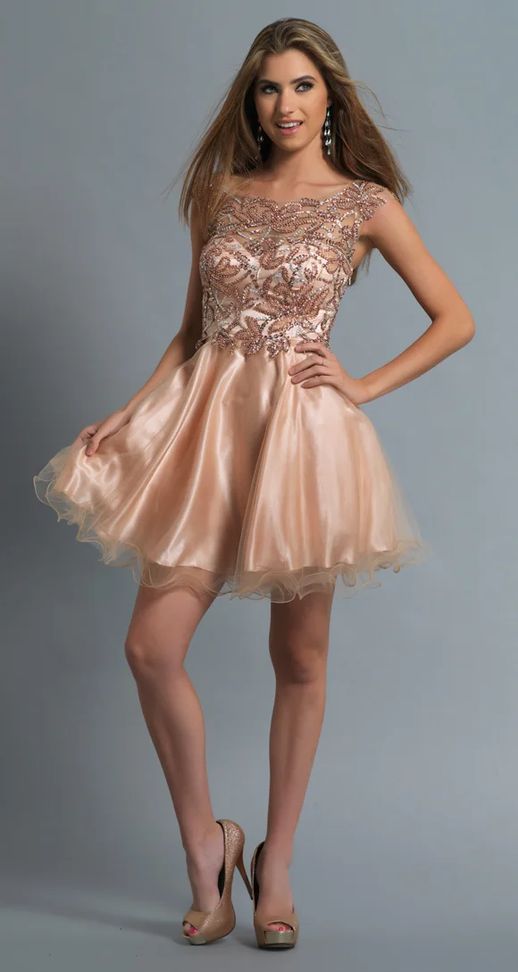 Scoop Crystal Beaded Mini Puffy Champagne Short Dresses