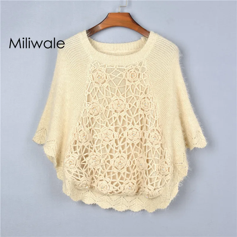 

New fashion crocheted flowers pullover female cloak sweater batwing sleeve vintage knitted women sweater