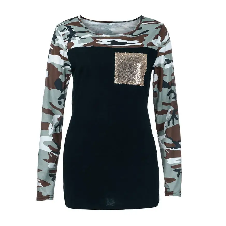  2019 Tops and Shirt Camouflage Sequined Print O Neck Long Sleeve Ladies Tops Shirt Autumn Shirts Wo