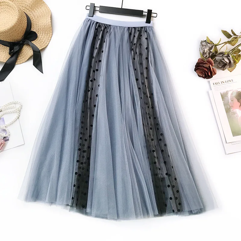 

2019 Women's Spring New Stitching Large Swing Skirt Mesh Skirt Wave Point Large Size Skirt A-Line Natural