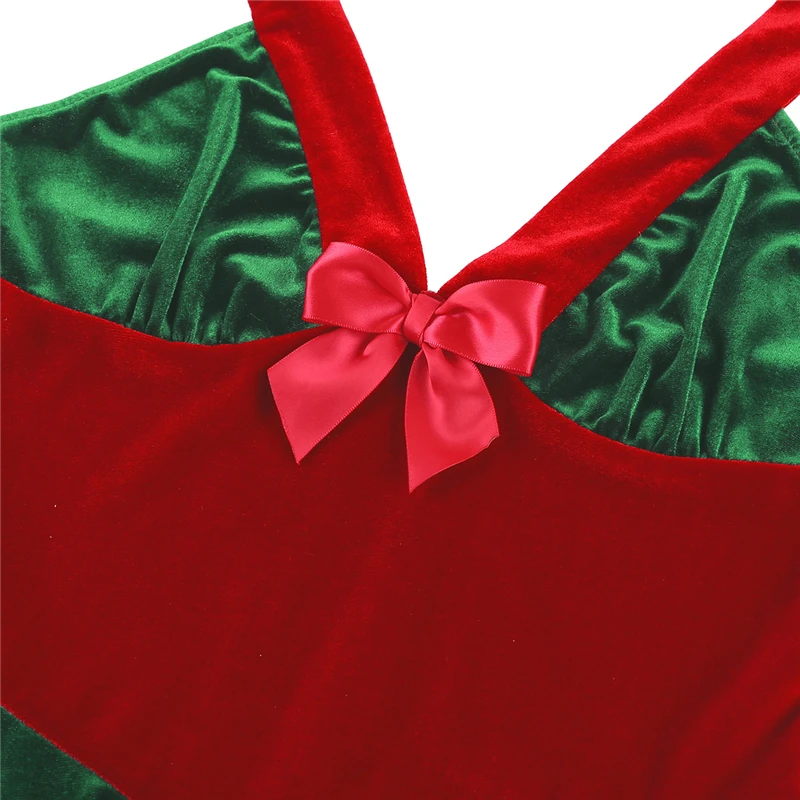 Freebily Women Adult Christmas Costume Soft Velvet Neck Haltered Dress With Arm Cuffs Xmas Elf Cosplay Party Up -Cosplayware Store