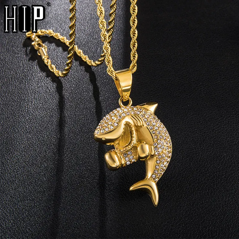 

HIP Hop Iced out Bling Gold Color Shark Stainless Steel Rhinestone Bright Ocean Necklaces & Pendants For Men Jewelry