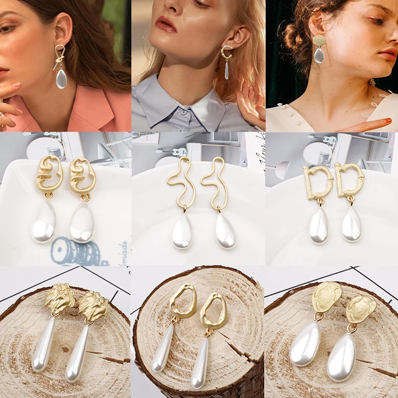 

New Design Matte Metal Gold Pearl Earrings Korea Design Geometric Irregular Circle Square Earrings For Women Girl Gift Brincos