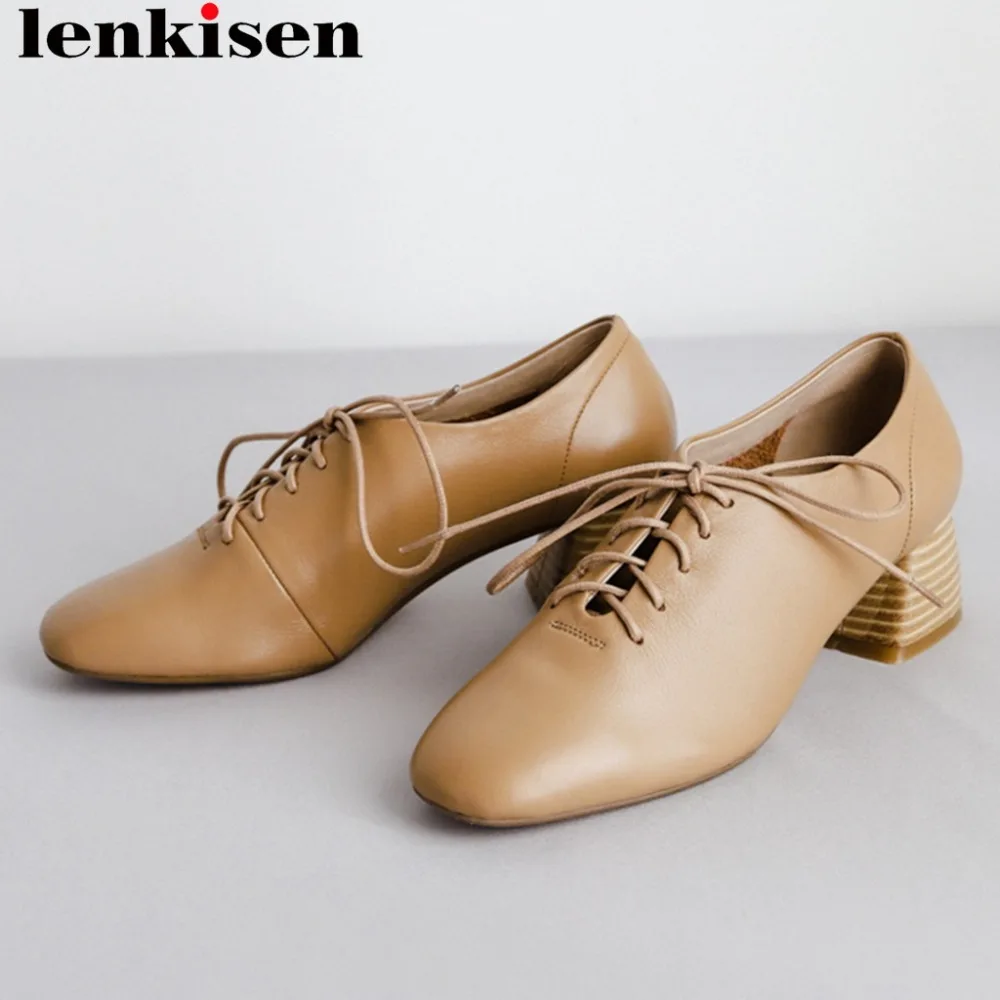 

Lenkisen European British style thick high heels square toe lace up women pumps soft genuine leather handmade casual shoes L33