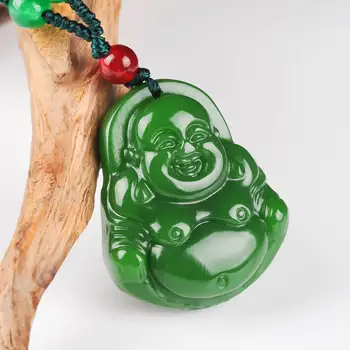 

Chinese Handmade Jasper spinach green Buddha statue jade hanging Pendant Necklace