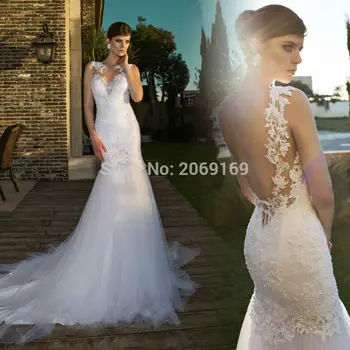 

High Quality Sexy Backless Lace Wedding Dress Sequins Appliques Mermaid Wedding Gowns Brida lGowns Tiered vestido de noiva