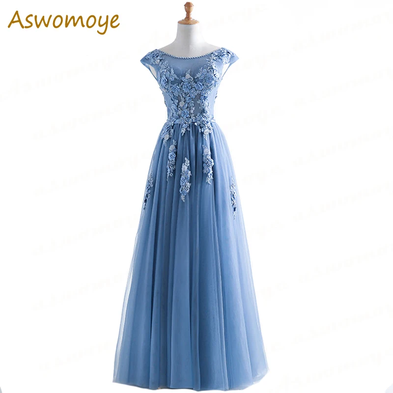 

Evening Dress New Banquet of 2019 Noble Elegant Blue Prom Evening Dress Beading Illusion O-neck 3d Flower Backless Banquet Dress