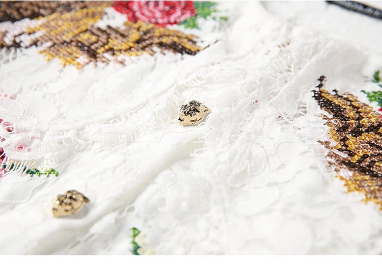 Ruffle Cuff Flower Embroidery White Lace Shirt Blouse Women (2)