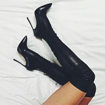 

Hot Selling High Heel Over-the-knee Blade Boots Black Suede Pointed Toe Thigh High Boots Slim Fit Long Boots Winter Dress Shoes