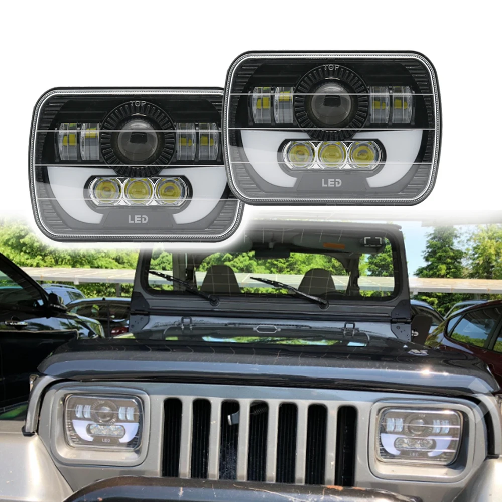 2pcs 5x7 7x6 Inch Angel Eyes DRL H4 LED Square Headlight For Jeep Wrangler YJ Cherokee XJ Led Rectangle Headlamp Hi  Lo Beam (15)