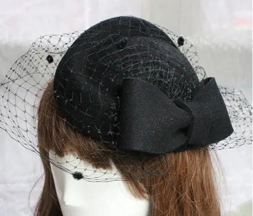 Австралийской шерсти шапка для Для женщин невесты элегантные шерсть марли лук авиакомпания стюардесса Для женщин Fedora шапки Lady Royal chapeau Femme - Цвет: Black