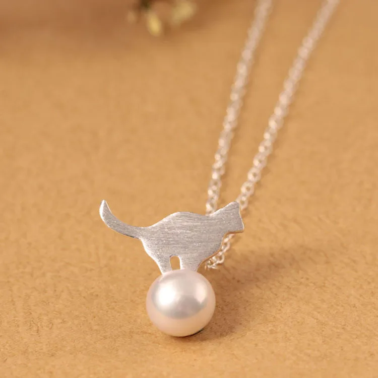 cat pearl necklace women 100% 925 Sterling silver nacklace Jewellery Clavicle chain pendant charms