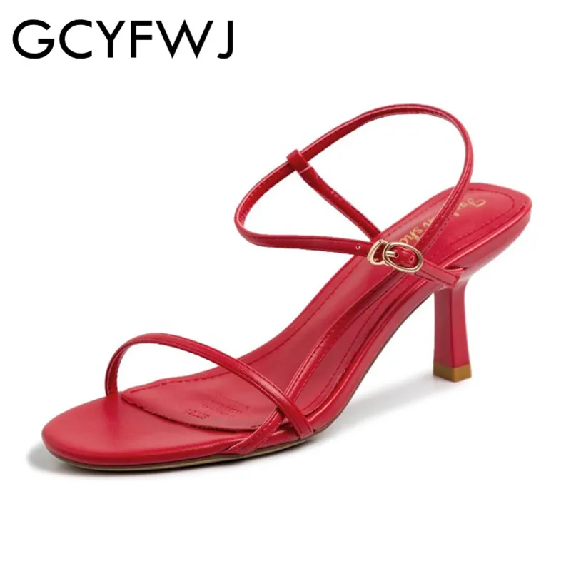 

GCYFWJ Sexy Narrow Band Leather Rome Sandals Woman Thin Heel Open Toe Ankle Strap Summer High Heels Ladies Simple Party Shoes