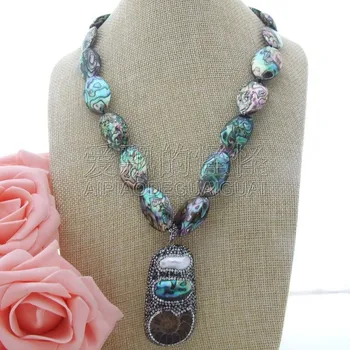 

N011710 21'' Abalone Shell Necklace Biwa Pearl Snail Pendant