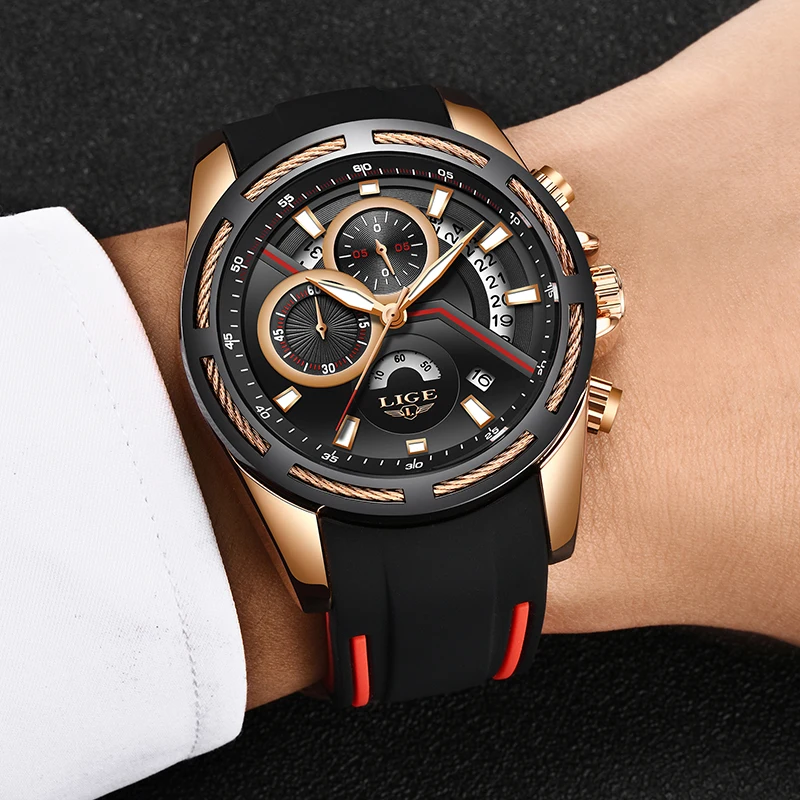 Relogio Masculino 2019 LIGE Mens Watches Silicone Strap Top Brand Luxury Waterproof Sport Chronograph Gold Quartz Wristwatch+Box