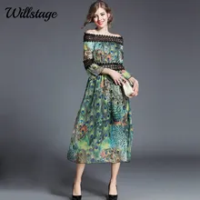 Willstage, кружевное шифоновое платье с расклешенными рукавами, синяя Роза, с принтом "павлиньи перья", платья для женщин, элегантные вечерние платья, новинка, осенние платья