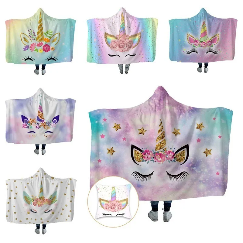 

Sofa Throw Hooded Blanket Champagne Flower Unicorn 3D Printed Plush Warm Wearable Fleece Hoodie Blanket Cushion Cover Free Gift