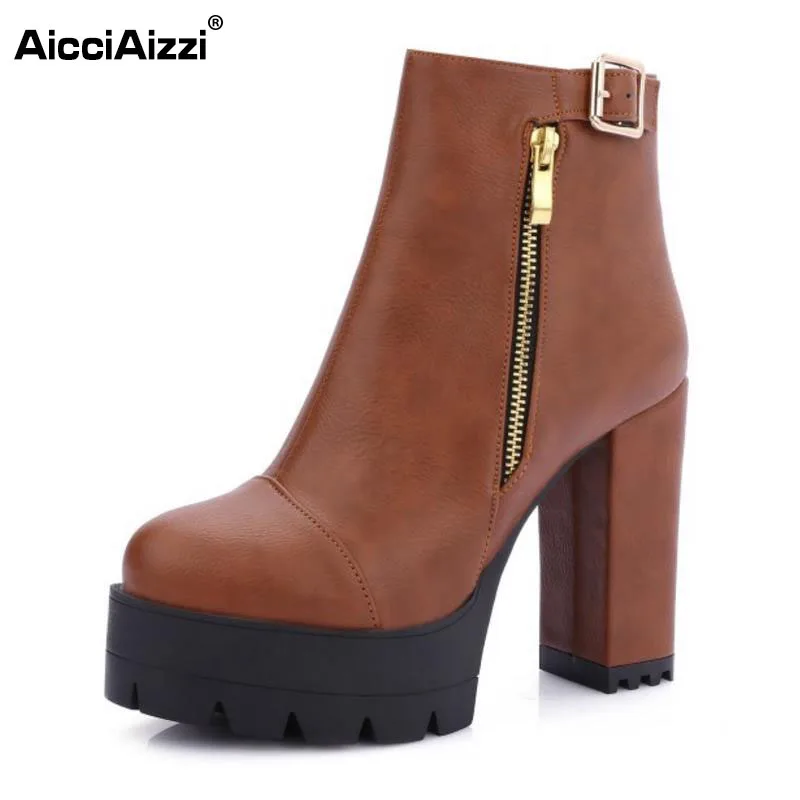 

AicciAizzi Size 34-43 Women Ankle High Heel Boots Platform Zipper Buckle Thich Heel Boots Warm Shoes Short Botas Women Footwears