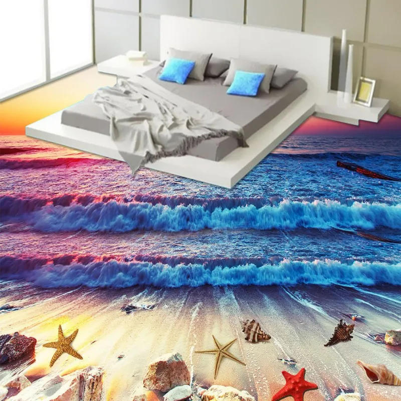 beibehang sunset surf beach water floor bathroom and kitchen floor balcony PVC wallpaper mural wall stickers from 3D